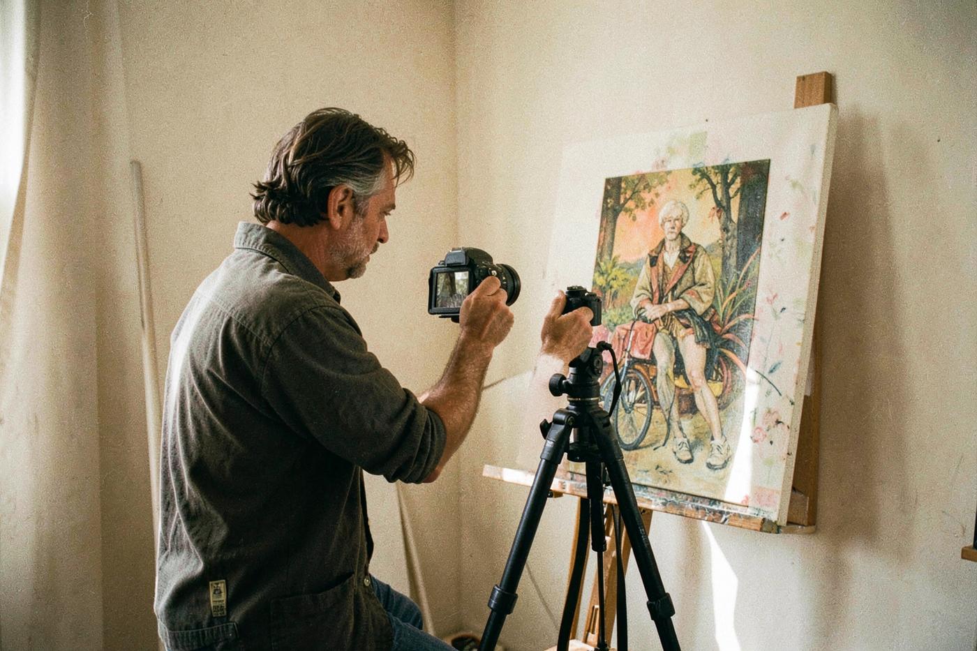 Artist photographing a painting on an easel with a camera on a tripod