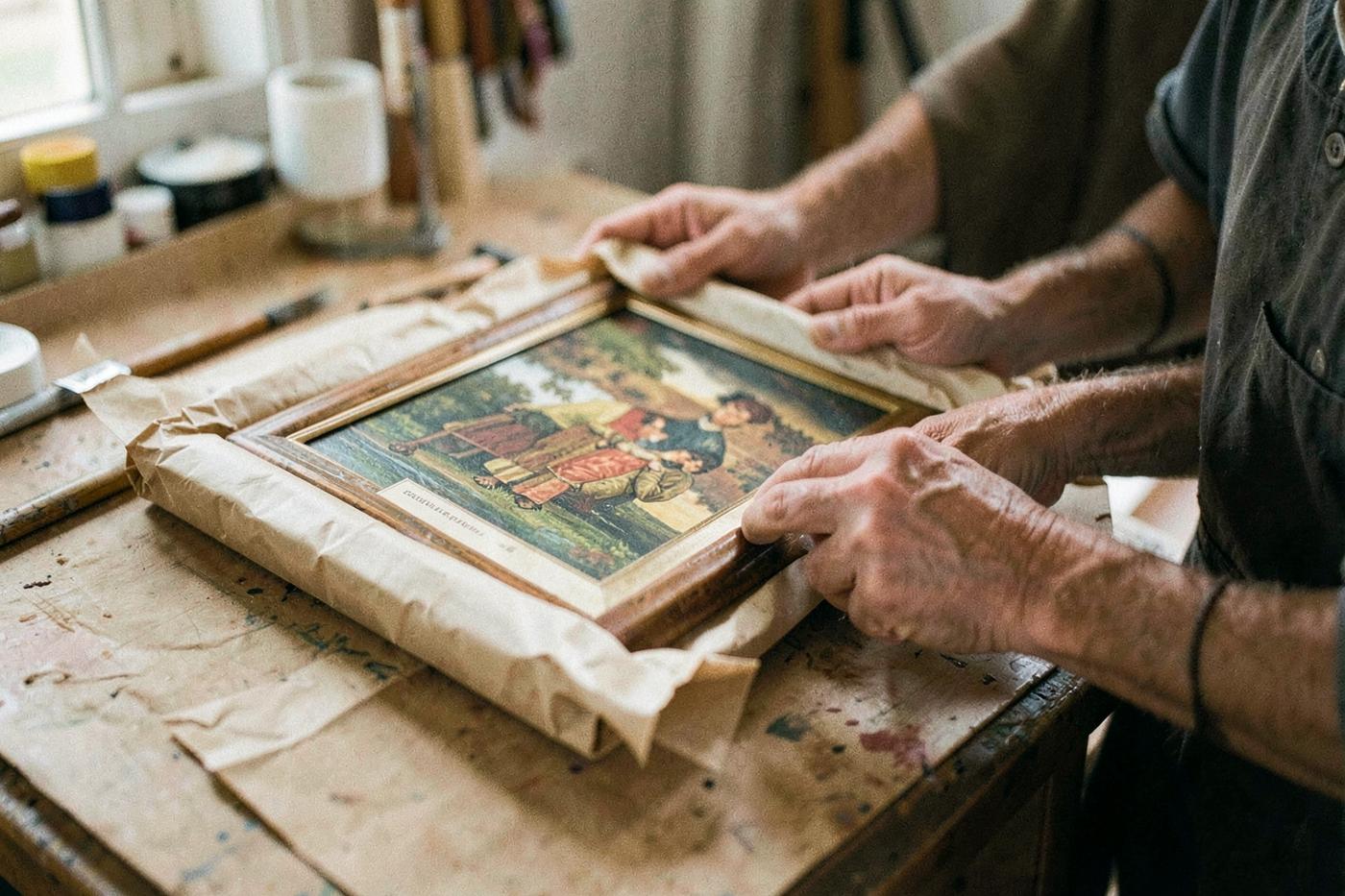 Artist wrapping a framed painting for shipment on a studio worktable