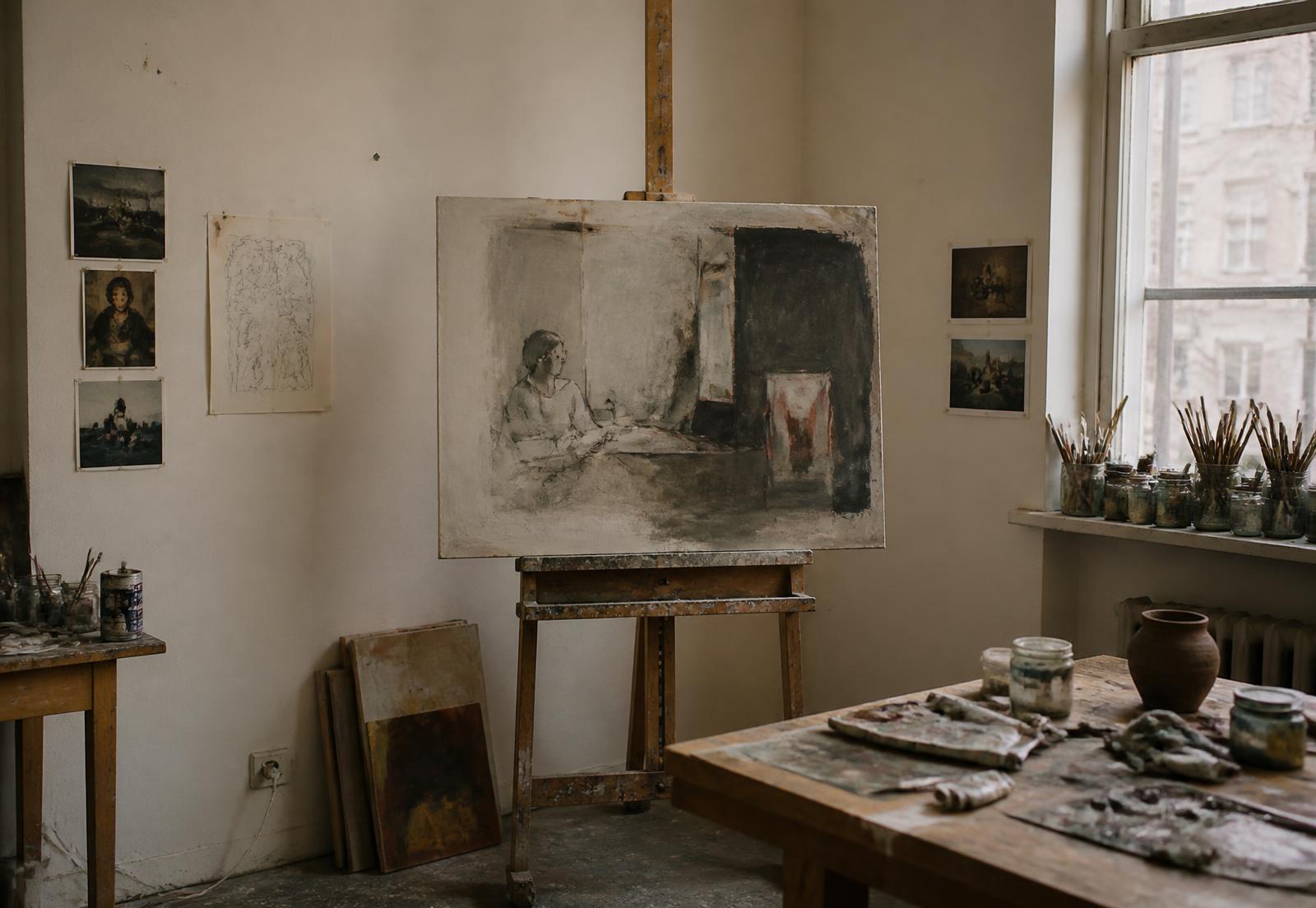 A painter's studio with an unfinished canvas on an easel in daylight